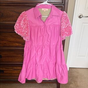 Pink Faux Leather Sequin Dress